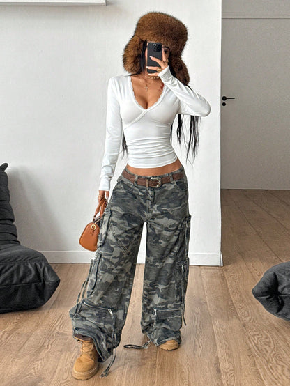 Coolane Camiseta de manga larga con cuello de encaje blanco para mujer