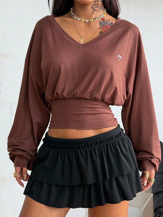 Coolane Conjunto de concierto para mujer Streetwear Y2K Vintage Minimalista Cómodo Elástico Marrón Cuello Asimétrico Hombros Descubiertos Manga Larga para Otoño/Invierno en Capas, Tejido Cálido Sexy, Adecuado para Salir