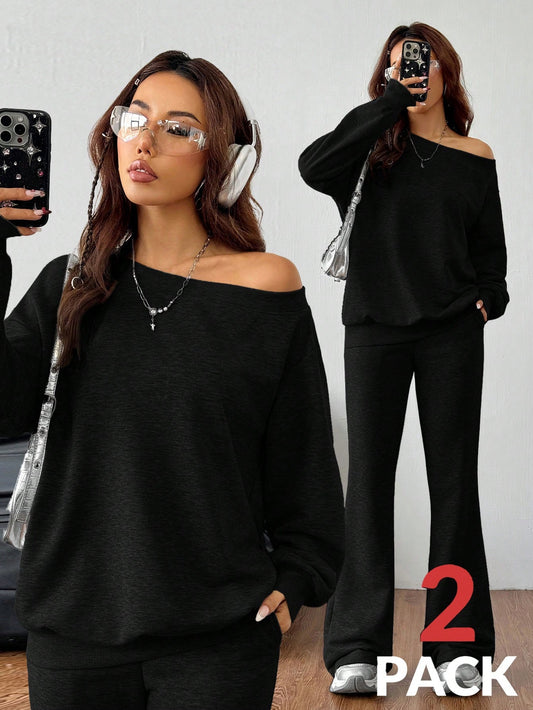 Coolane Conjunto de suéter de manga larga asimétrico gris sencillo de punto holgado que cae de los hombros y pantalones acampanados, conjunto de dos piezas para mujer para otoño/invierno, ropa de entrenamiento