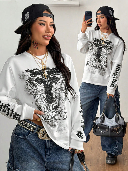 Coolane Sudadera de manga larga blanca holgada con gráficos de patchwork de estilo vintage hip-hop y athleisure Y2K, cómoda para mujer y hombre