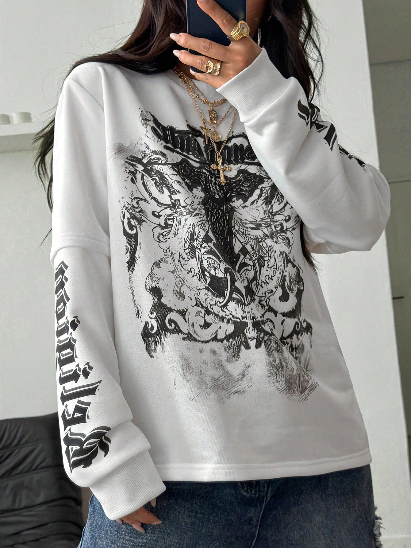 Coolane Sudadera de manga larga blanca holgada con gráficos de patchwork de estilo vintage hip-hop y athleisure Y2K, cómoda para mujer y hombre