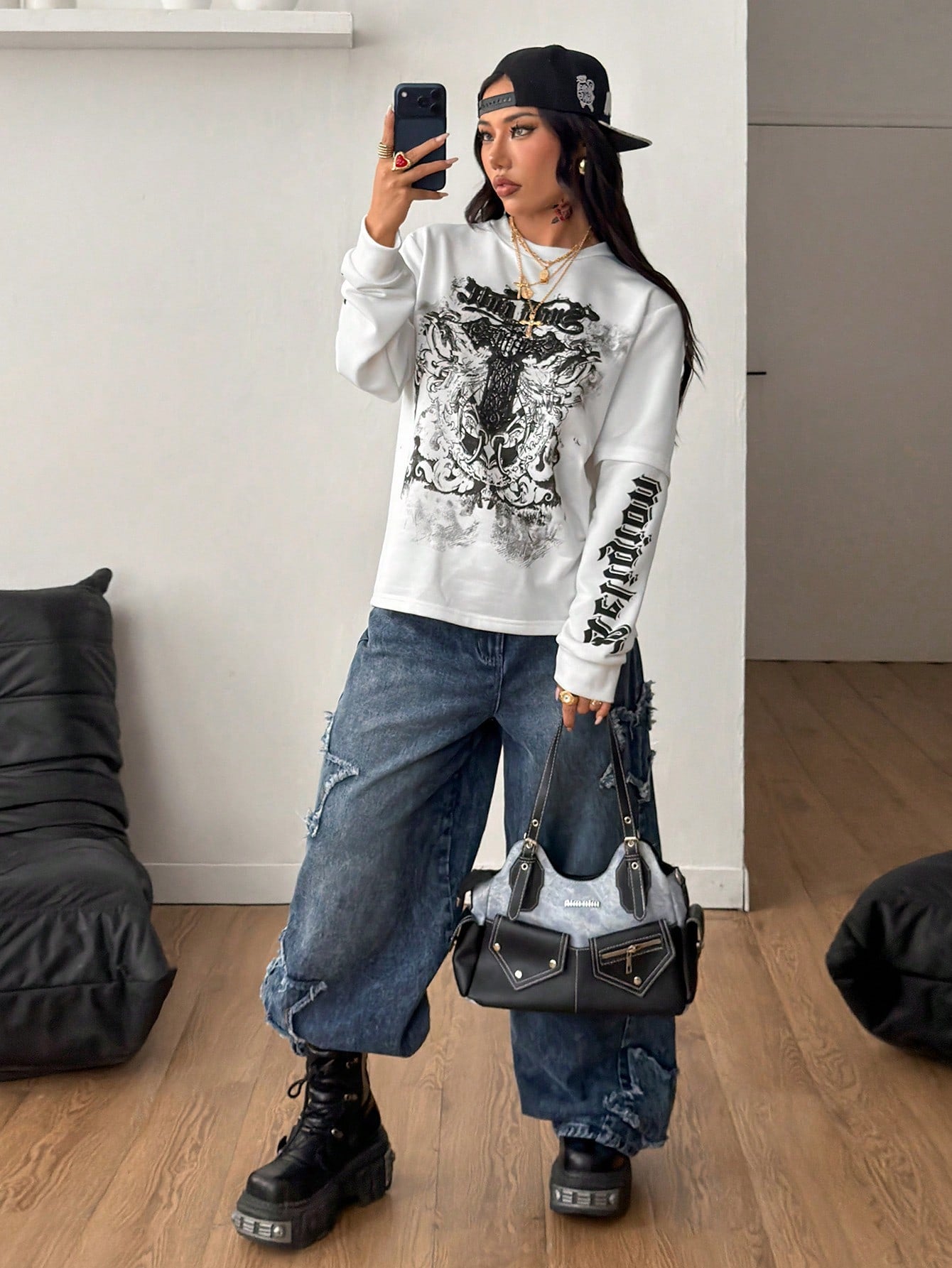 Coolane Sudadera de manga larga blanca holgada con gráficos de patchwork de estilo vintage hip-hop y athleisure Y2K, cómoda para mujer y hombre