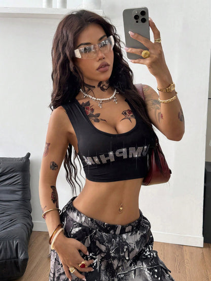 Coolane Top corto con gráficos de cristales para mujer, estilo festival de música de verano, rave, hippie, gyaru