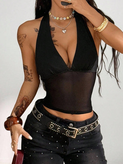 Coolane Top corto sexy de cuello en V profundo con parches de malla, sin mangas, estilo halter, para mujer, para verano/todo el año