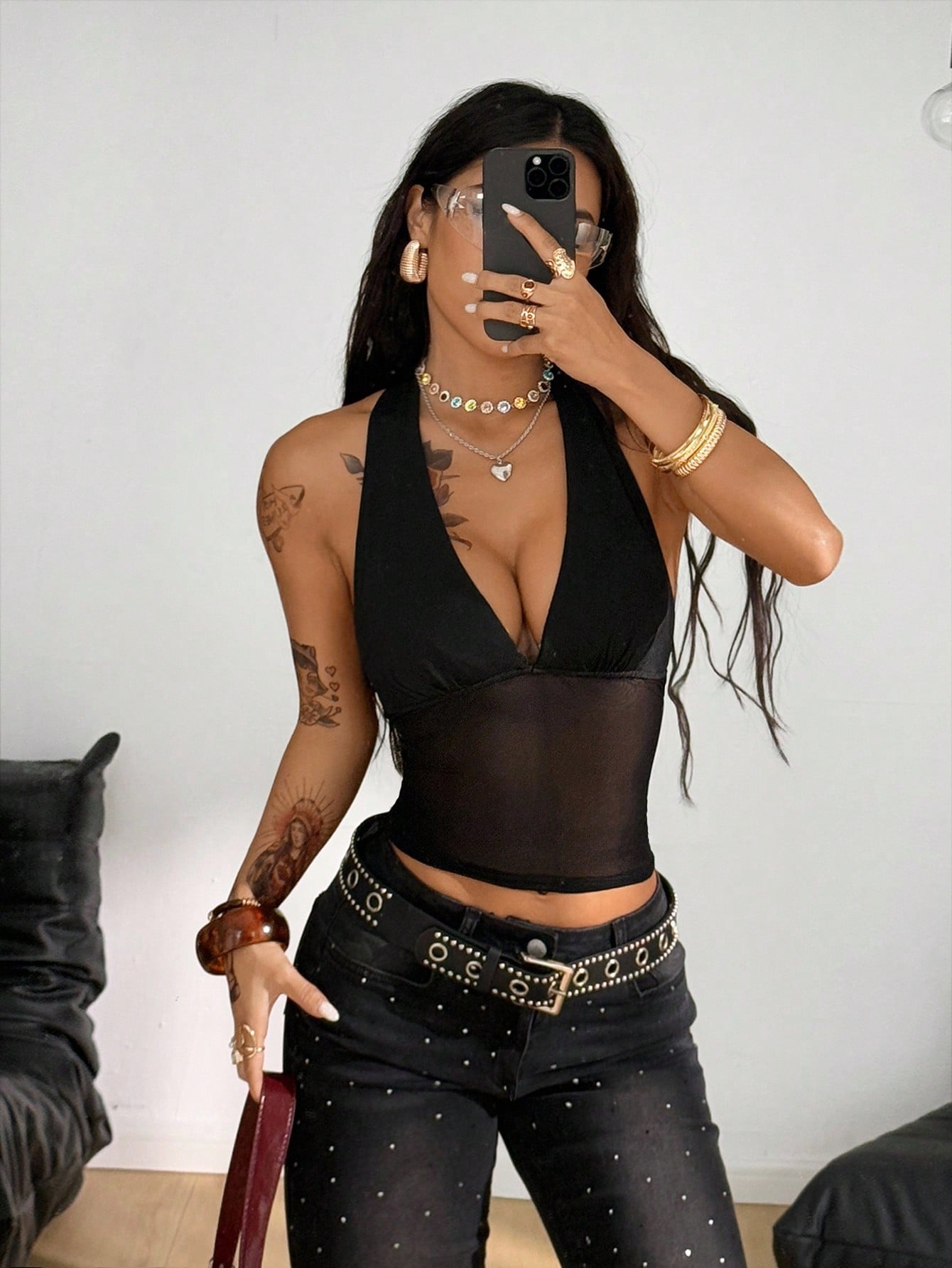 Coolane Top corto sexy de cuello en V profundo con parches de malla, sin mangas, estilo halter, para mujer, para verano/todo el año