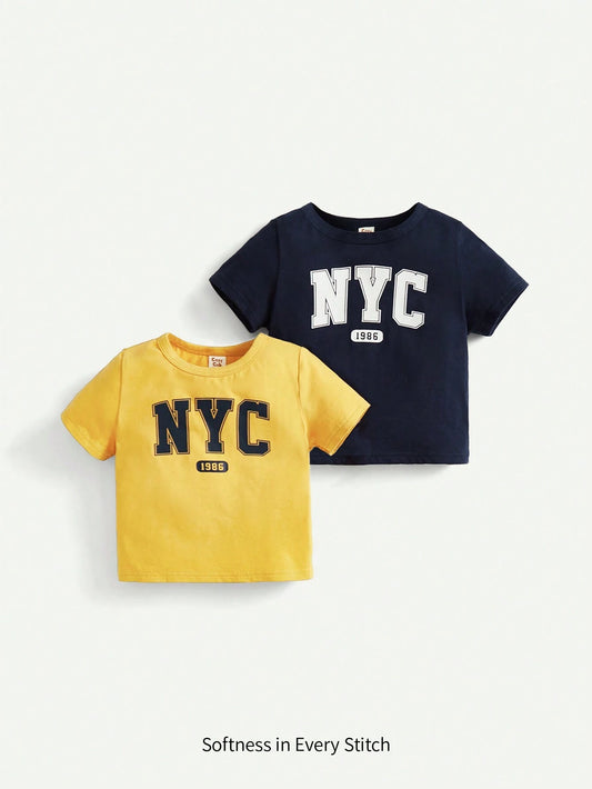 Cozy Pixies 2 Piezas Camiseta De Manga Corta Para Niños Pequeños Con Estampado De Letras, Cuello Redondo
