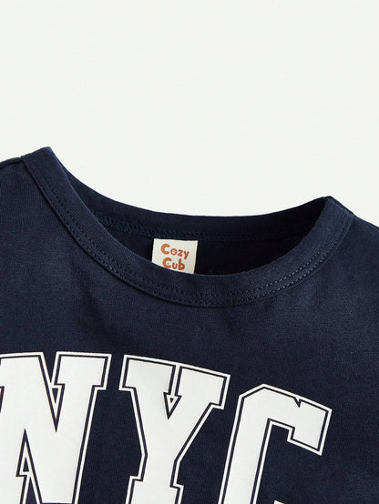 Cozy Pixies 2 Piezas Camiseta De Manga Corta Para Niños Pequeños Con Estampado De Letras, Cuello Redondo