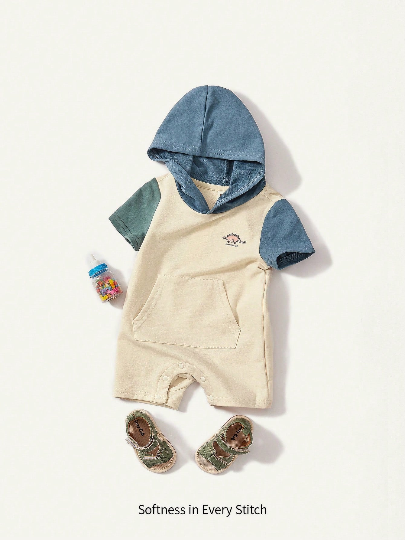 Cozy Pixies Body de manga corta con capucha y patrón de animales de dibujos animados para niño pequeño con bloques de color
