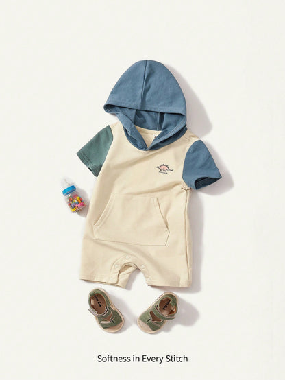 Cozy Pixies Body de manga corta con capucha y patrón de animales de dibujos animados para niño pequeño con bloques de color