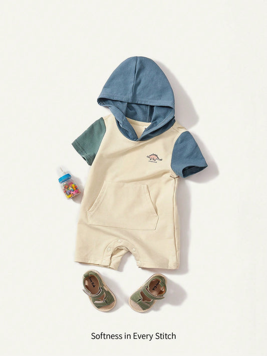 Cozy Pixies Body de manga corta con capucha y patrón de animales de dibujos animados para niño pequeño con bloques de color