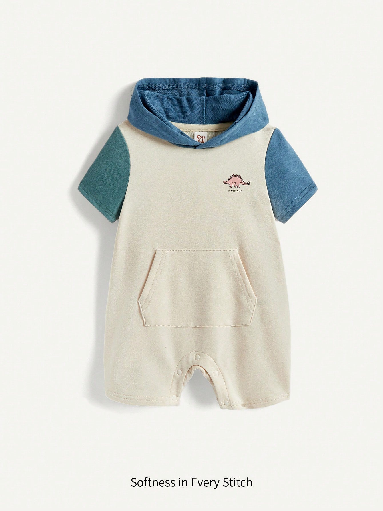 Cozy Pixies Body de manga corta con capucha y patrón de animales de dibujos animados para niño pequeño con bloques de color