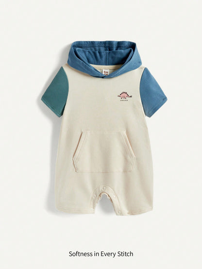 Cozy Pixies Body de manga corta con capucha y patrón de animales de dibujos animados para niño pequeño con bloques de color