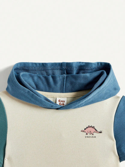 Cozy Pixies Body de manga corta con capucha y patrón de animales de dibujos animados para niño pequeño con bloques de color