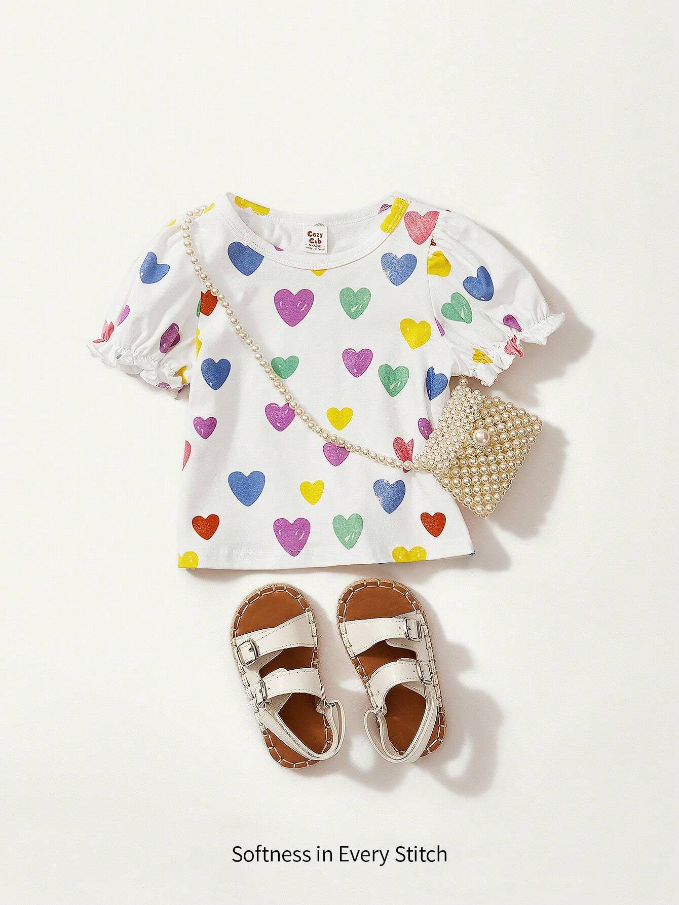Cozy Pixies Camiseta De Manga Abullonada Con Estampado De Corazones Para Bebé Niña