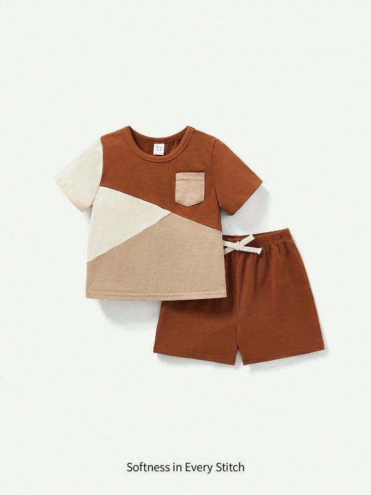 Cozy Pixies Conjunto Casual De Jersey Y Pantalones Cortos Con Cuello Redondo Y Bloques De Color Para Bebé Niño