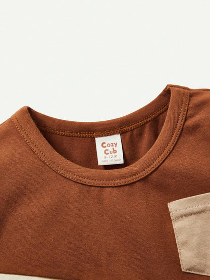 Cozy Pixies Conjunto Casual De Jersey Y Pantalones Cortos Con Cuello Redondo Y Bloques De Color Para Bebé Niño