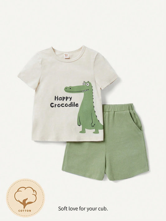 Cozy Pixies Conjunto De 2 Piezas Para Bebé: Camiseta De Cuello Redondo Con Patrón De Cocodrilo Dibujos Animados Y Pantalones Cortos Sólidos