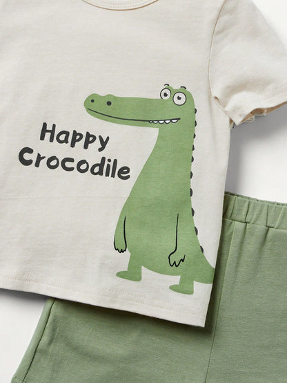 Cozy Pixies Conjunto De 2 Piezas Para Bebé: Camiseta De Cuello Redondo Con Patrón De Cocodrilo Dibujos Animados Y Pantalones Cortos Sólidos
