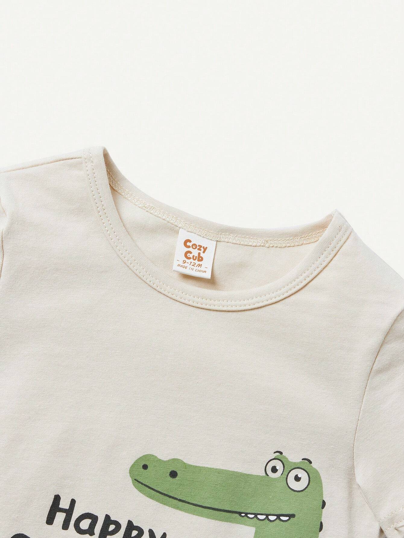 Cozy Pixies Conjunto De 2 Piezas Para Bebé: Camiseta De Cuello Redondo Con Patrón De Cocodrilo Dibujos Animados Y Pantalones Cortos Sólidos
