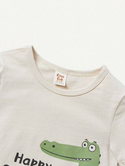 Cozy Pixies Conjunto De 2 Piezas Para Bebé: Camiseta De Cuello Redondo Con Patrón De Cocodrilo Dibujos Animados Y Pantalones Cortos Sólidos