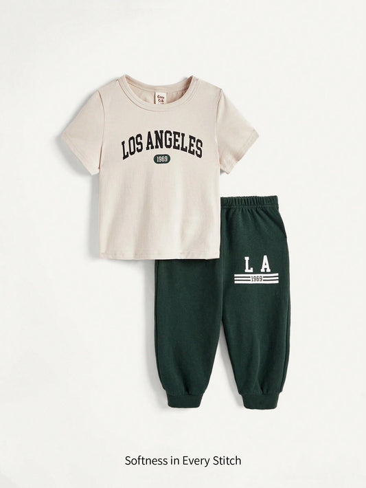 Cozy Pixies Conjunto De Blusa De Cuello Redondo Y Mangas Cortas Con Pantalón De Jogging Para Bebé Niño Y Patrón De Letra Impresa