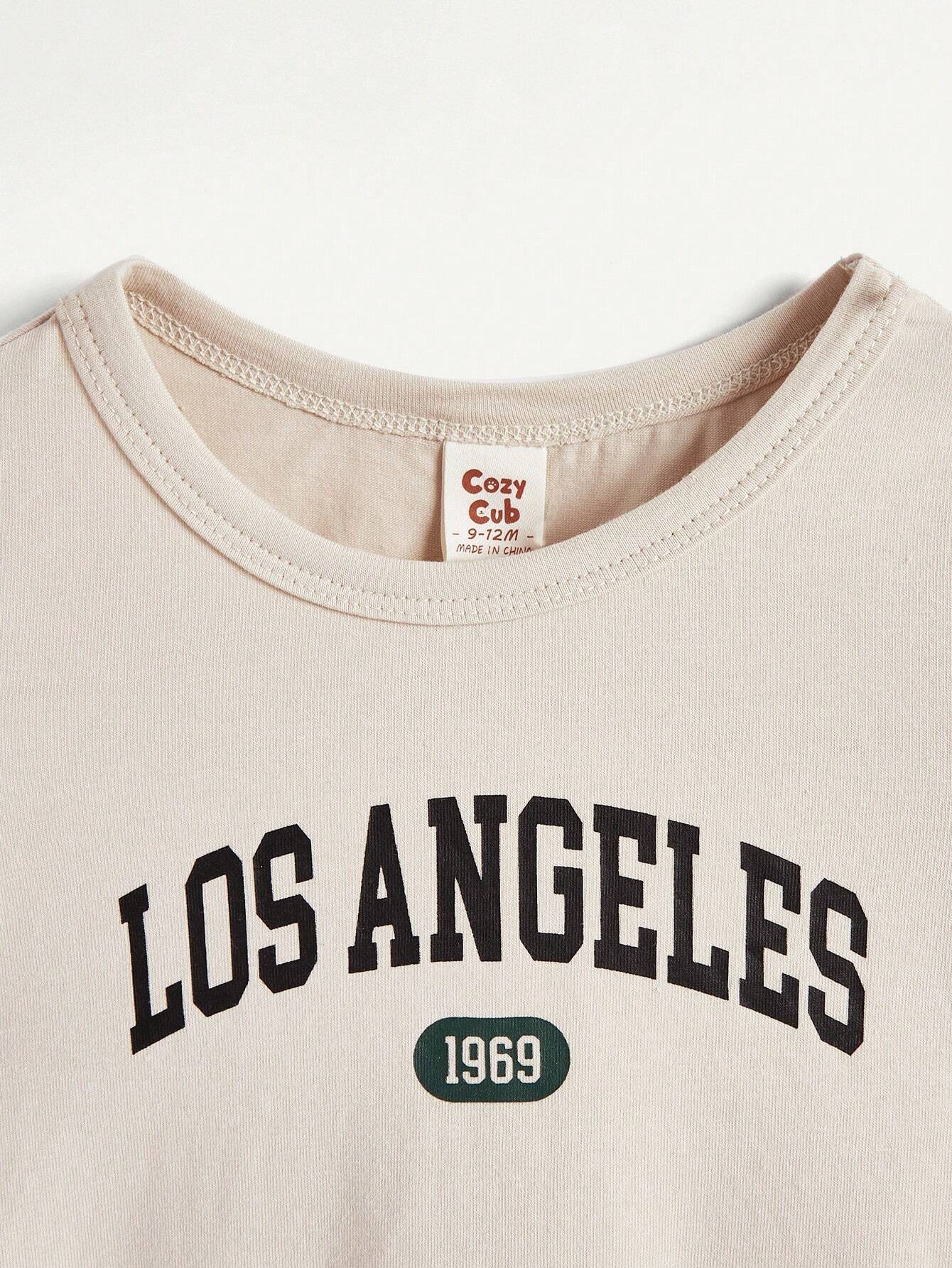 Cozy Pixies Conjunto De Blusa De Cuello Redondo Y Mangas Cortas Con Pantalón De Jogging Para Bebé Niño Y Patrón De Letra Impresa
