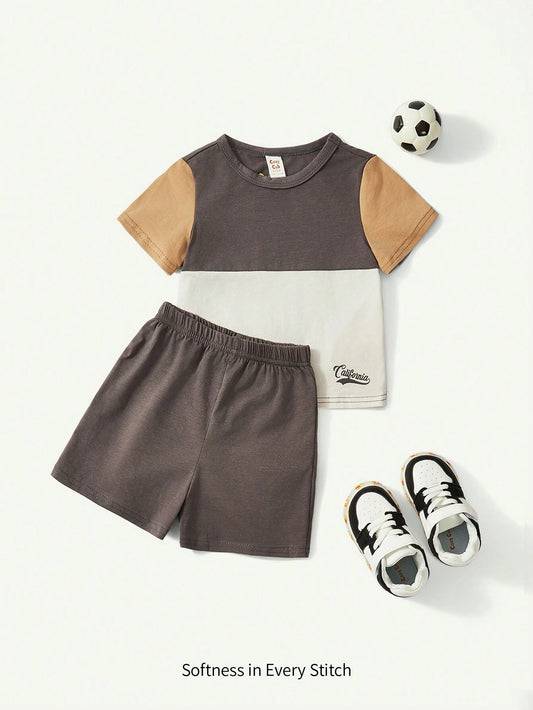 Cozy Pixies Conjunto De Dos Piezas Para Bebé Niño Con Camiseta De Manga Corta Con Bloqueo De Color Y Pantalones Cortos Sólidos