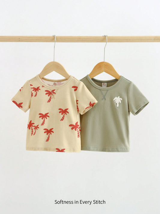 Cozy Pixies Conjunto de 2 piezas para bebé niño, pullover suave de manga corta de cuello redondo con patrón de árboles de coco tejido