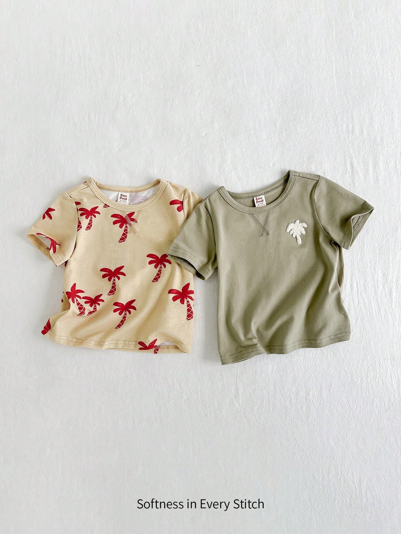 Cozy Pixies Conjunto de 2 piezas para bebé niño, pullover suave de manga corta de cuello redondo con patrón de árboles de coco tejido
