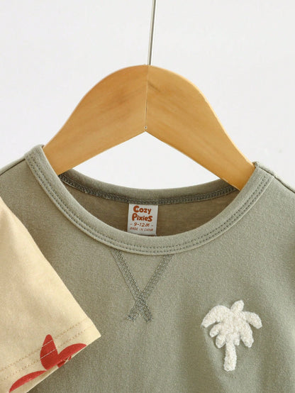 Cozy Pixies Conjunto de 2 piezas para bebé niño, pullover suave de manga corta de cuello redondo con patrón de árboles de coco tejido