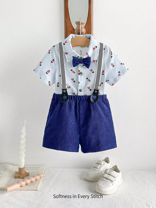Cozy Pixies Conjunto de shorts a juego con camisa de manga corta acanalada con cuello y cardigan con estampado de dibujos animados de bloque de colores y corbata de lazo para bebé niño