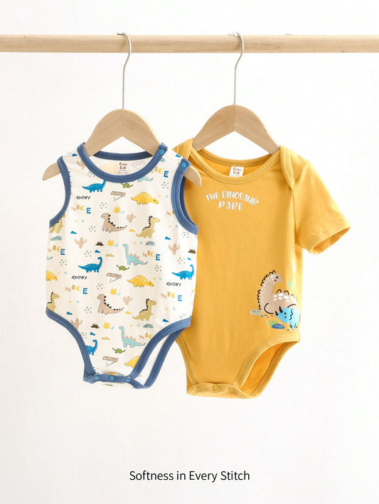 Cozy Pixies Mono sin mangas tejida para bebé niño con cuello redondo suave de dinosaurio de dibujos animados, conjunto de 2 piezas de body de colores contrastantes