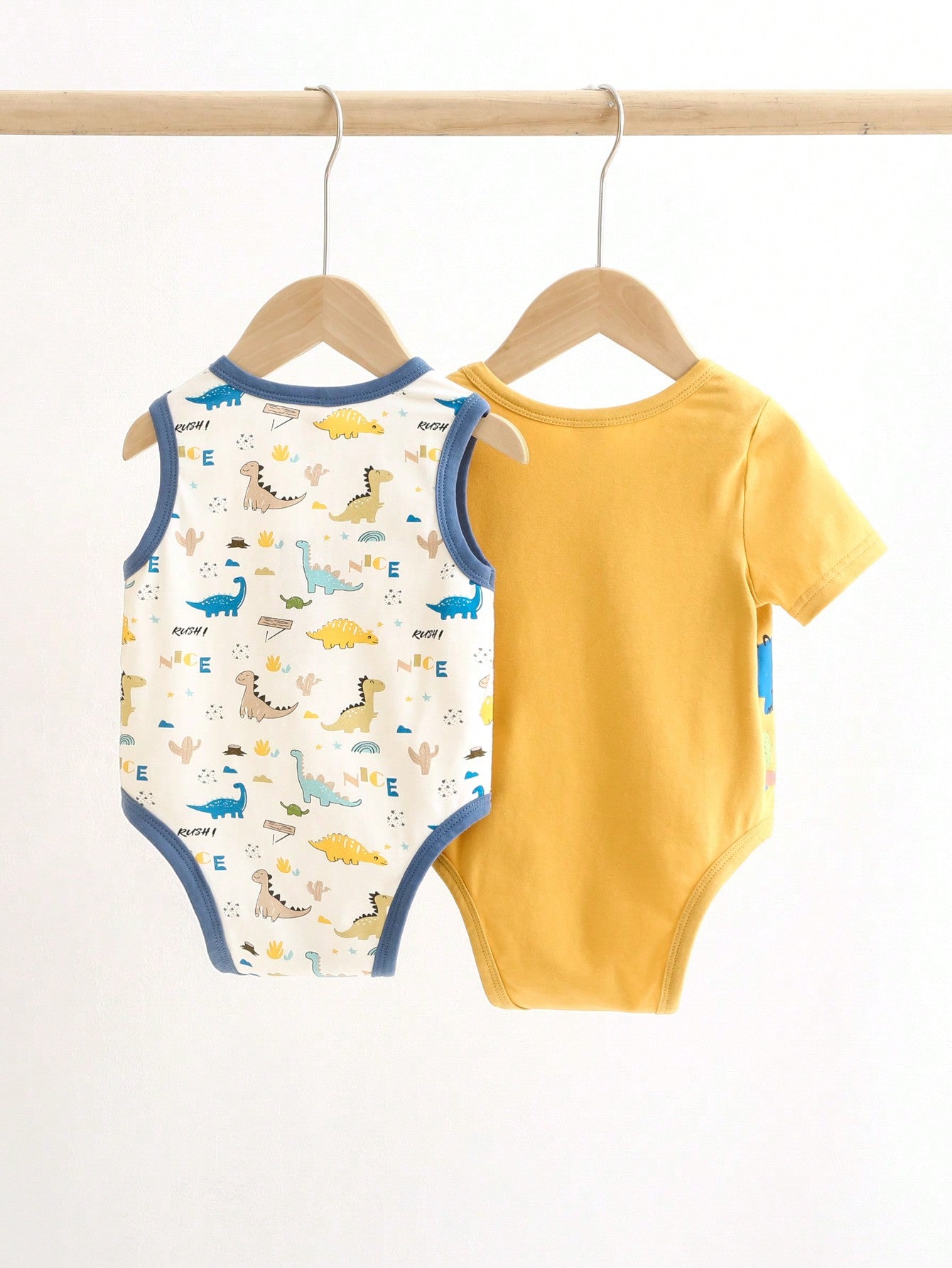 Cozy Pixies Mono sin mangas tejida para bebé niño con cuello redondo suave de dinosaurio de dibujos animados, conjunto de 2 piezas de body de colores contrastantes