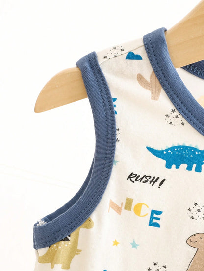 Cozy Pixies Mono sin mangas tejida para bebé niño con cuello redondo suave de dinosaurio de dibujos animados, conjunto de 2 piezas de body de colores contrastantes