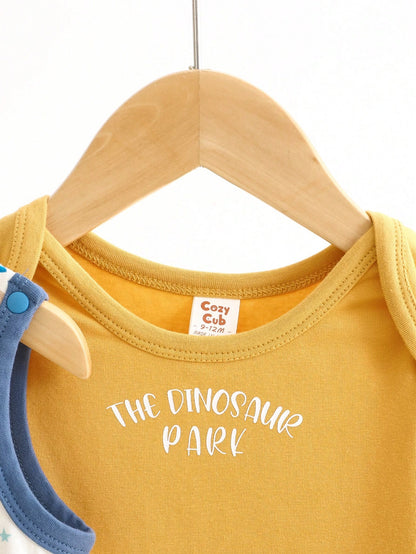 Cozy Pixies Mono sin mangas tejida para bebé niño con cuello redondo suave de dinosaurio de dibujos animados, conjunto de 2 piezas de body de colores contrastantes