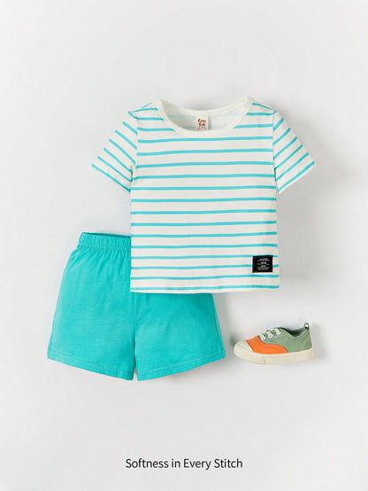 Cozy Pixies Shorts con camiseta con detalles de parches y letras estampadas a rayas para bebé niño
