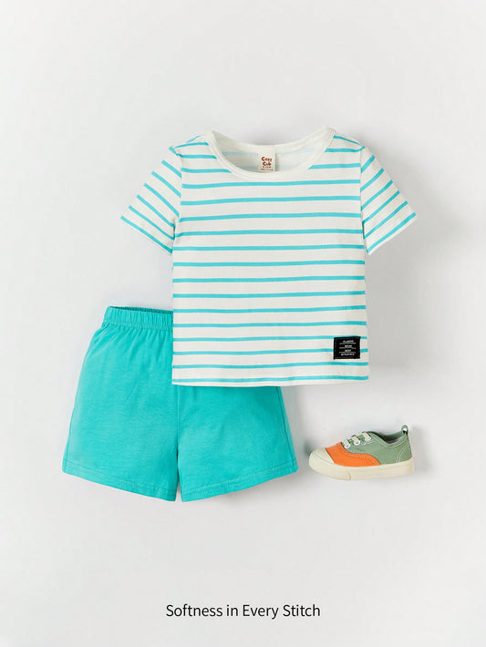 Cozy Pixies Shorts con camiseta con detalles de parches y letras estampadas a rayas para bebé niño