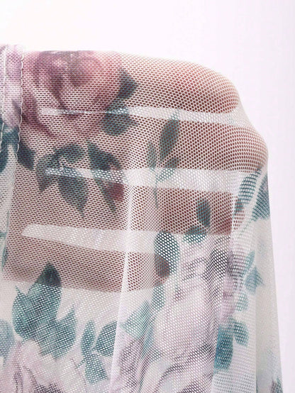 DAZY Blusa de malla transparente con estampado floral para mujer, prenda de otoño con manga larga
