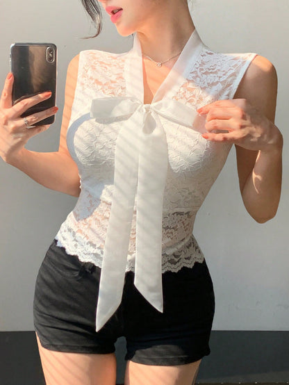 DAZY Blusa de mujer con lazo de encaje