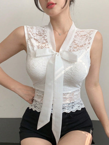DAZY Blusa de mujer con lazo de encaje