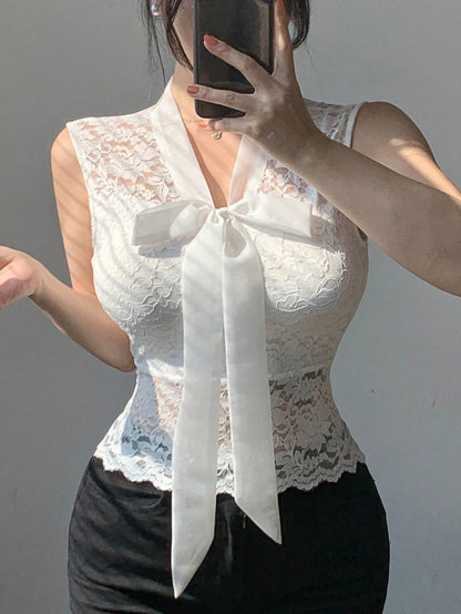 DAZY Blusa de mujer con lazo de encaje