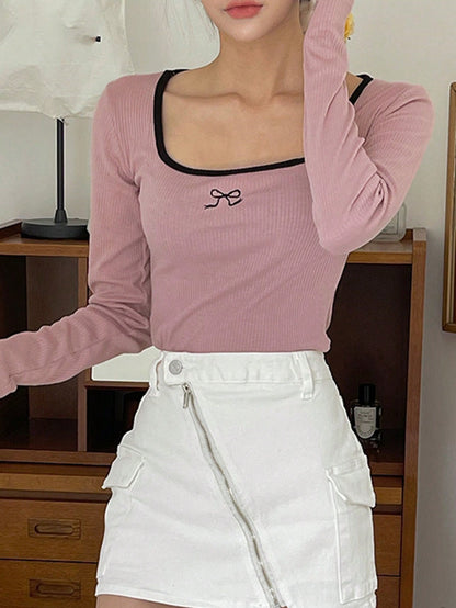 DAZY Blusa de mujer de cuello redondo con bloqueo de color, moño de contraste y bordado en las mangas largas