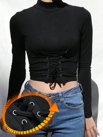 DAZY Camiseta ajustada con cordones y forro térmico para mujer, camiseta de otoño para salir, tops de manga larga para mujer, tops cortos para mujer