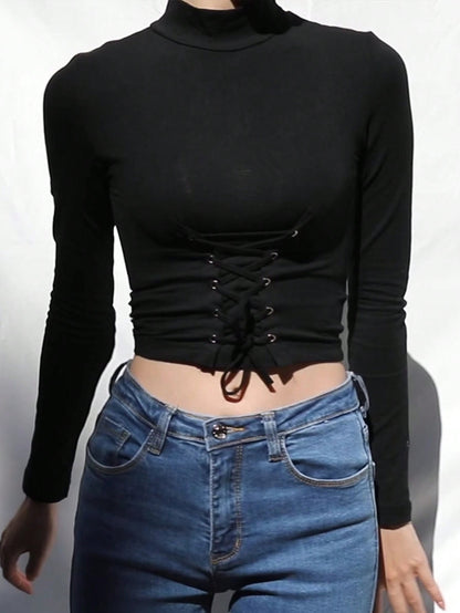 DAZY Camiseta ajustada con cordones y forro térmico para mujer, camiseta de otoño para salir, tops de manga larga para mujer, tops cortos para mujer
