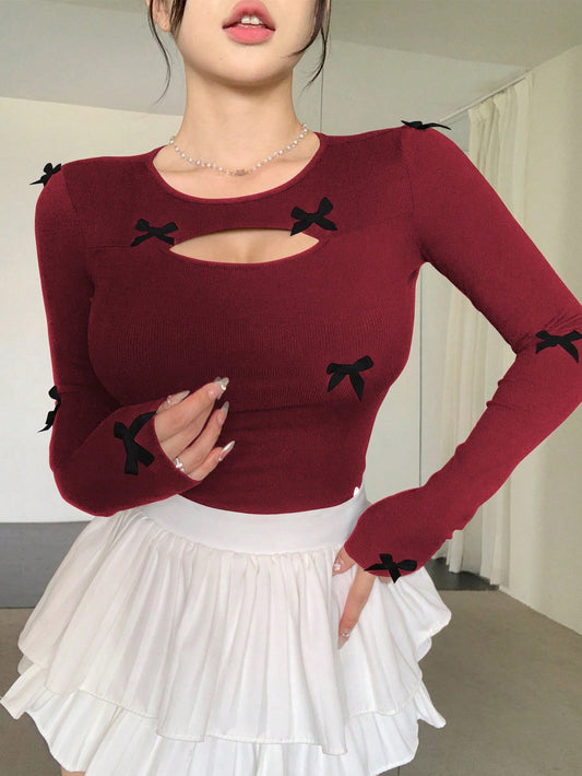 DAZY Camiseta ajustada con lazo, nueva para otoño, para mujer