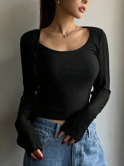 DAZY Camiseta ajustada de cuello redondo para mujer, nueva colección de otoño de blusas de manga larga para mujer