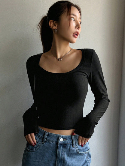 DAZY Camiseta ajustada de cuello redondo para mujer, nueva colección de otoño de blusas de manga larga para mujer