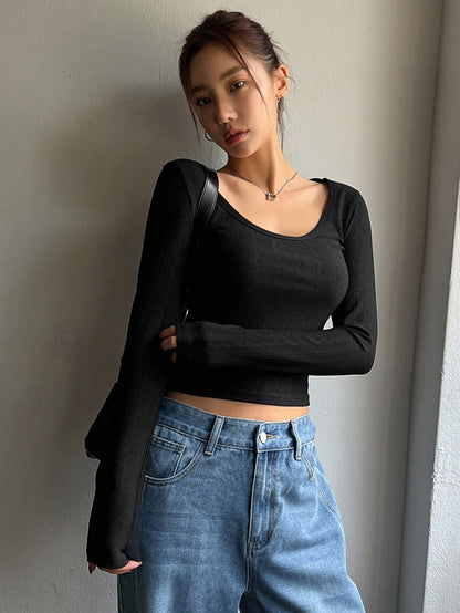 DAZY Camiseta ajustada de cuello redondo para mujer, nueva colección de otoño de blusas de manga larga para mujer