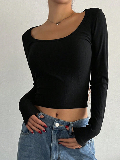 DAZY Camiseta ajustada de cuello redondo para mujer, nueva colección de otoño de blusas de manga larga para mujer