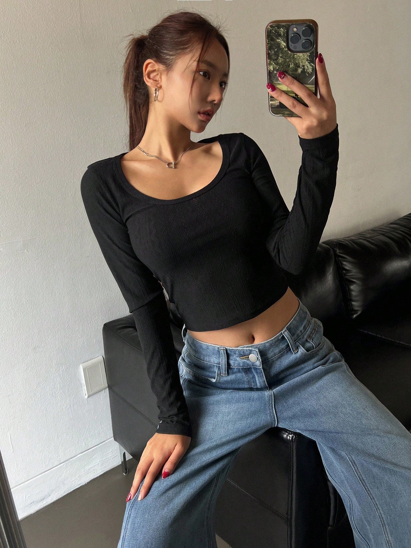DAZY Camiseta ajustada de cuello redondo para mujer, nueva colección de otoño de blusas de manga larga para mujer